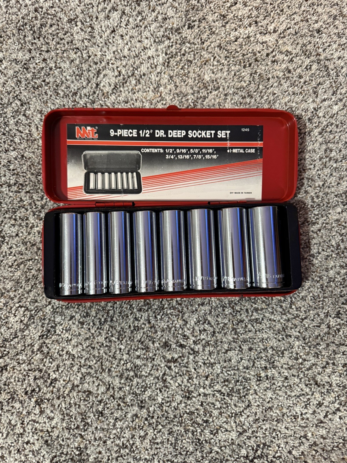 Vintage MIT Michigan Industrial Tools 9-Piece 1/2” Dr. Deep Socket Set #1245
