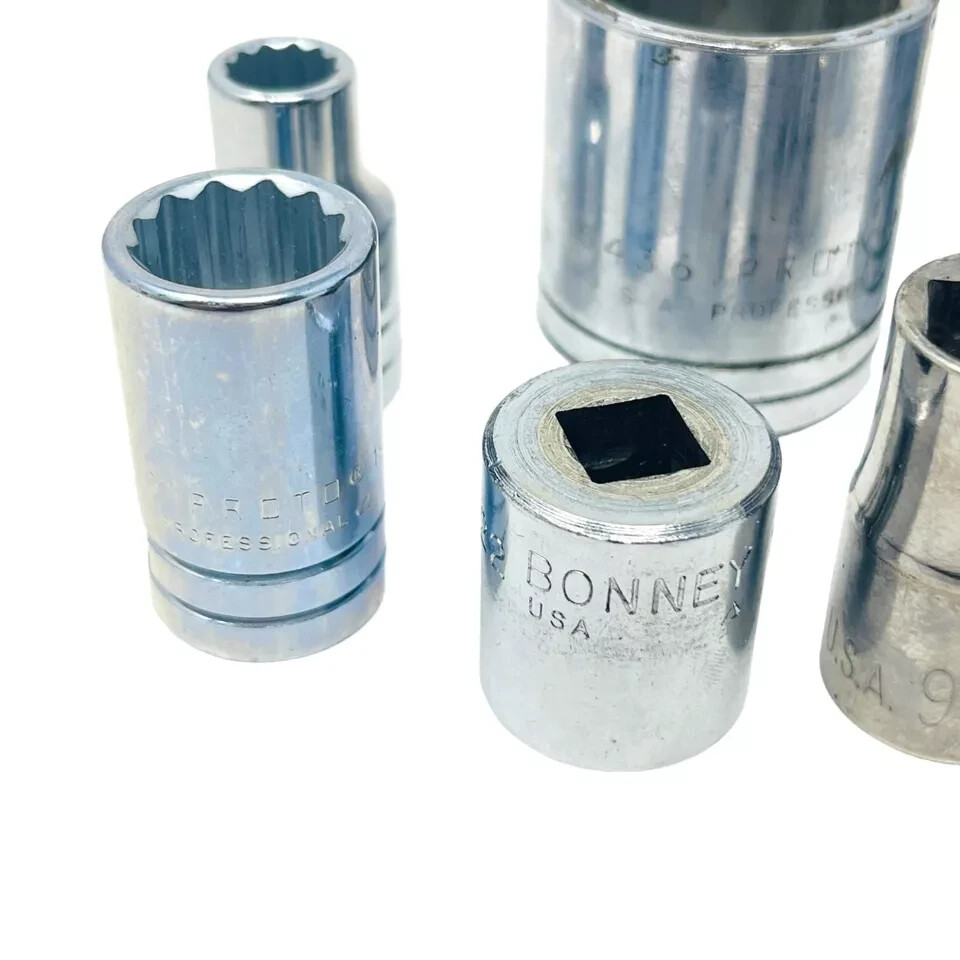 11 Pcs Bonney, Proto, Stanley 3/8 in Extension and 1/2 in Drive Socket Set, USA