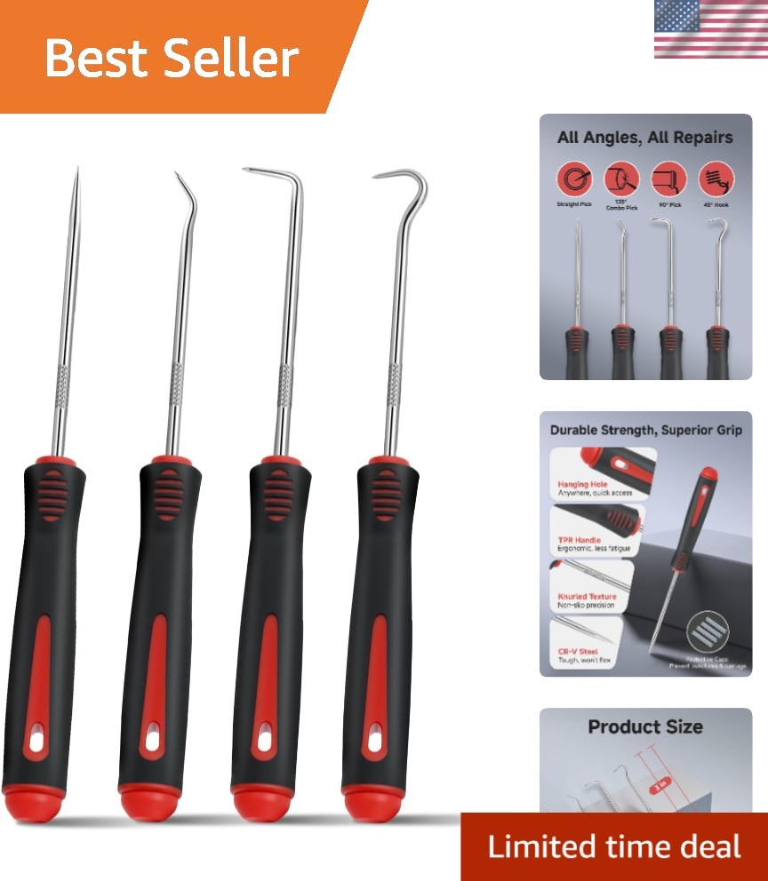 Hardened Steel 4-Piece Pick Set with Non-Slip Grip for O-Ring and Gasket Repair