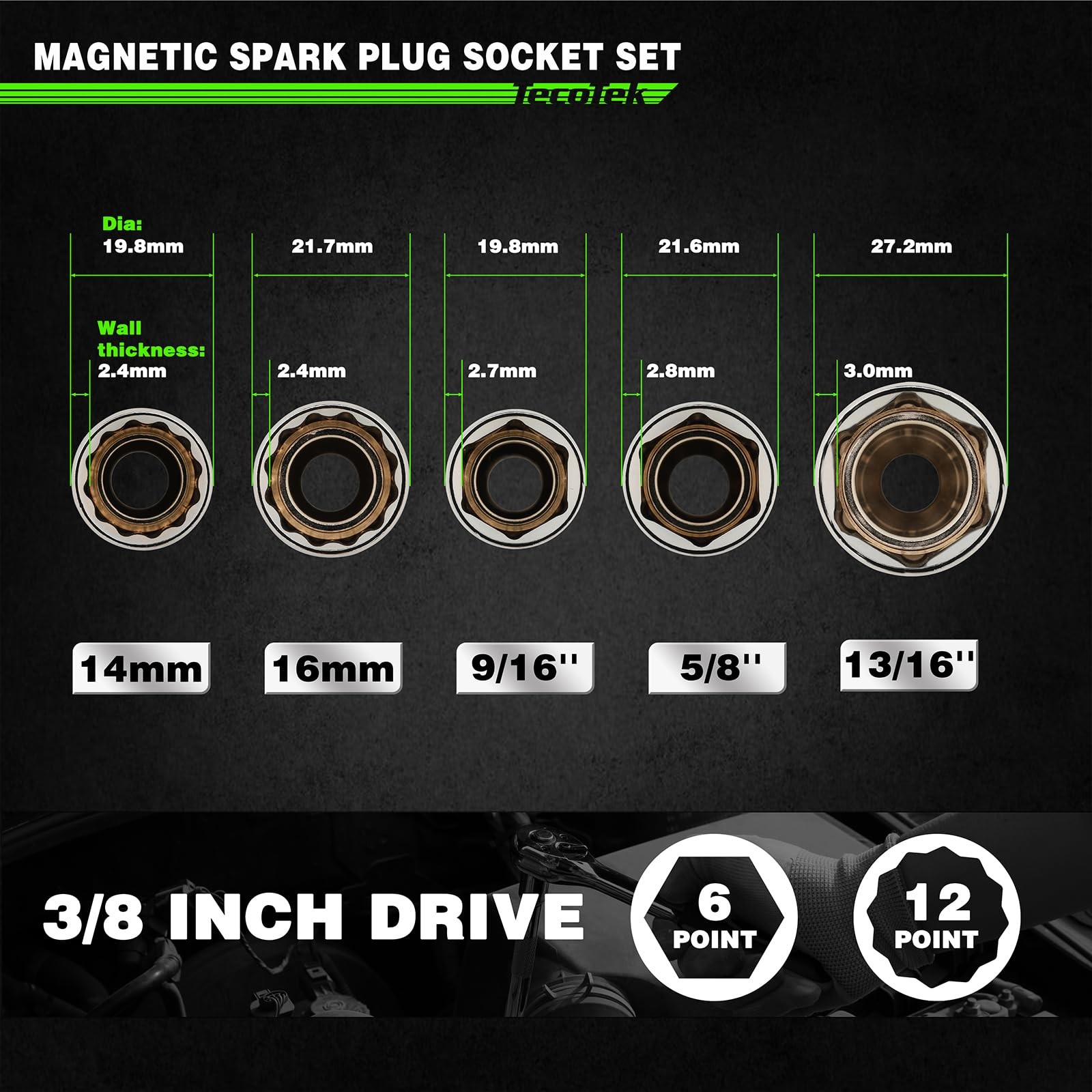 TecoTek 5 Piece 3/8-Inch Drive Magnetic 5PCS Spark Plug Socket Set