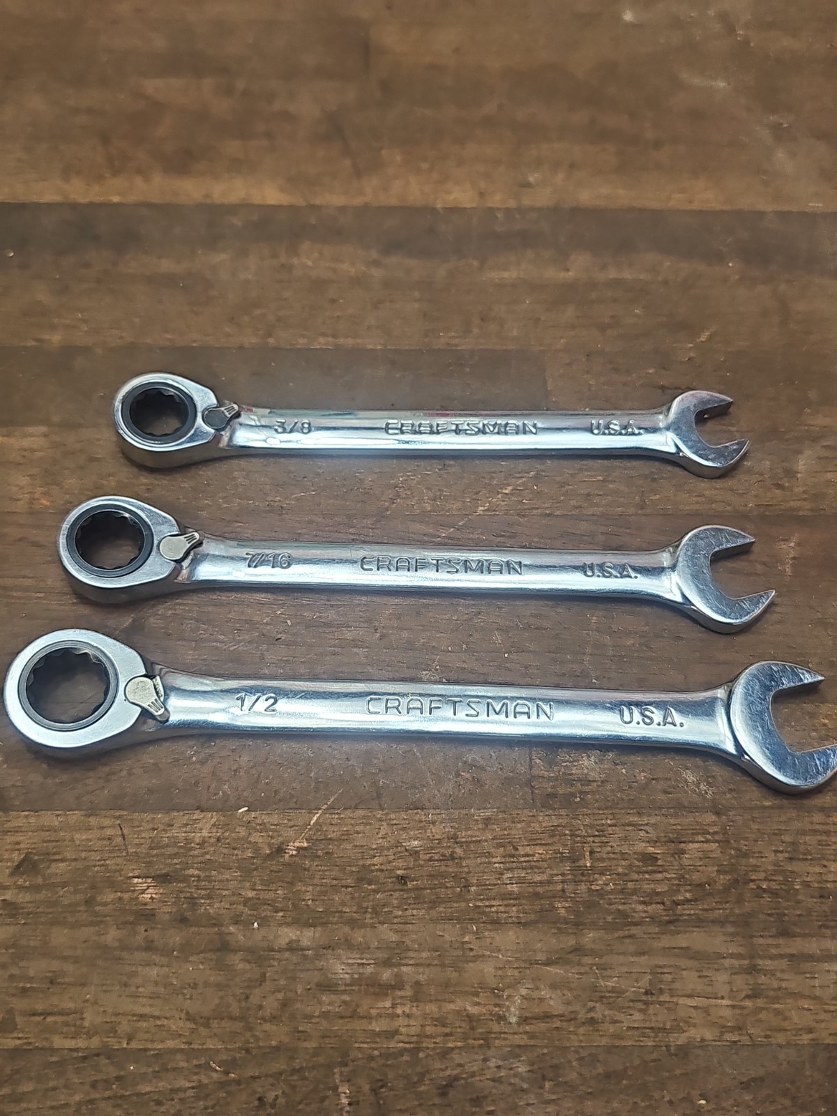 A128- 3 CRAFTSMAN -GK- USA SAE REVERSIBLE RATCHETING WRENCHES – 3/8 7/16 1/2