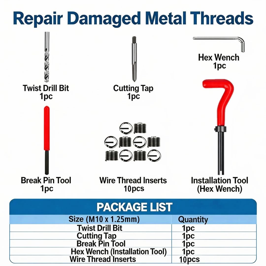 Alltooetools M10 X 1.25 Thread Repair Kit, x 1.25mm, Black & Silver