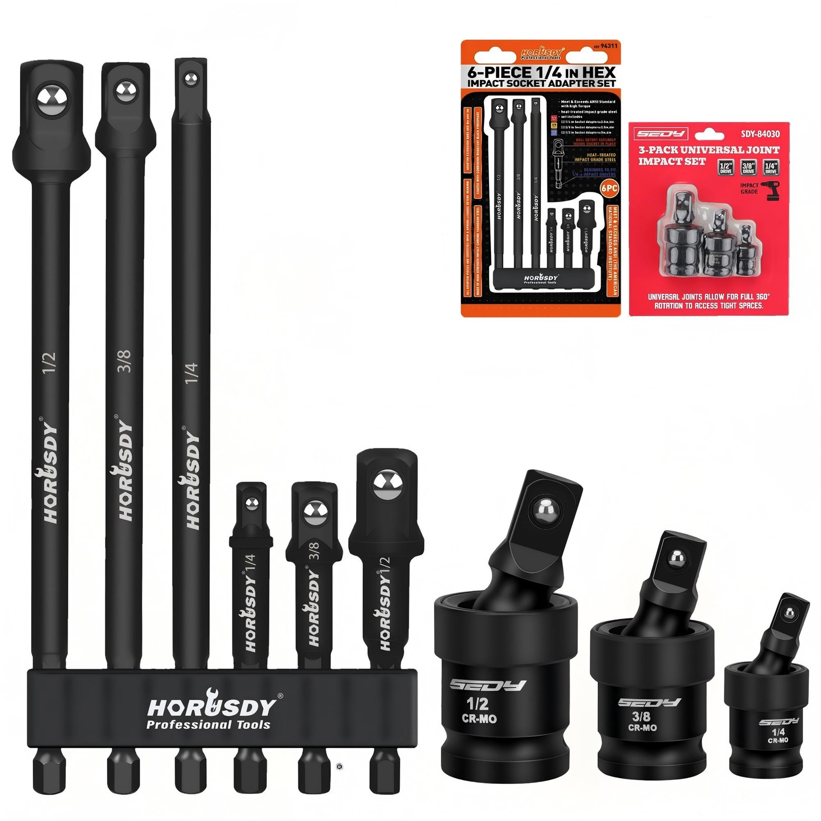 9pc Impact Universal Joint Swivel Socket Adapter Set 1/4″ 3/8” 1/2″ Driver 6″ 3″
