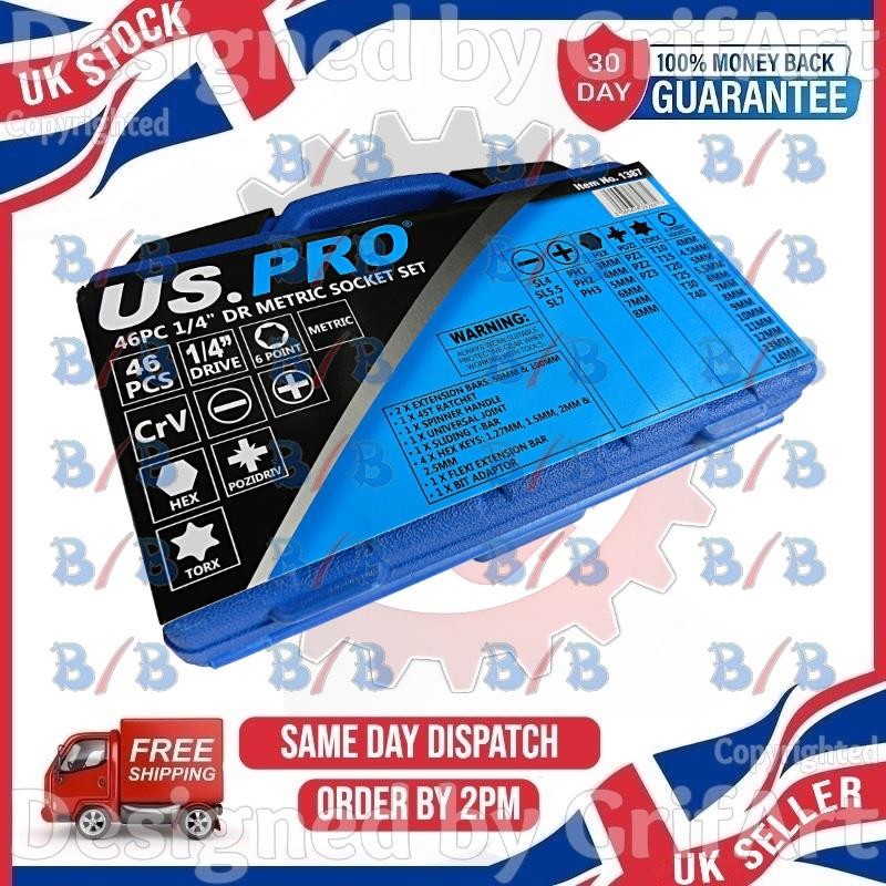 USPRO 6PT 46PC 1/4″ DRIVE SOCKET SET CRV HEX TORX STAR POZI SLOTTED PHILIPS BITS