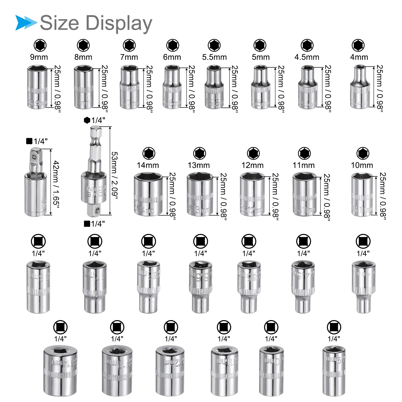Socket Accessory Set 4mm-14mm Shallow Socket 1/4″ Drive Joints Adapter 15pcs
