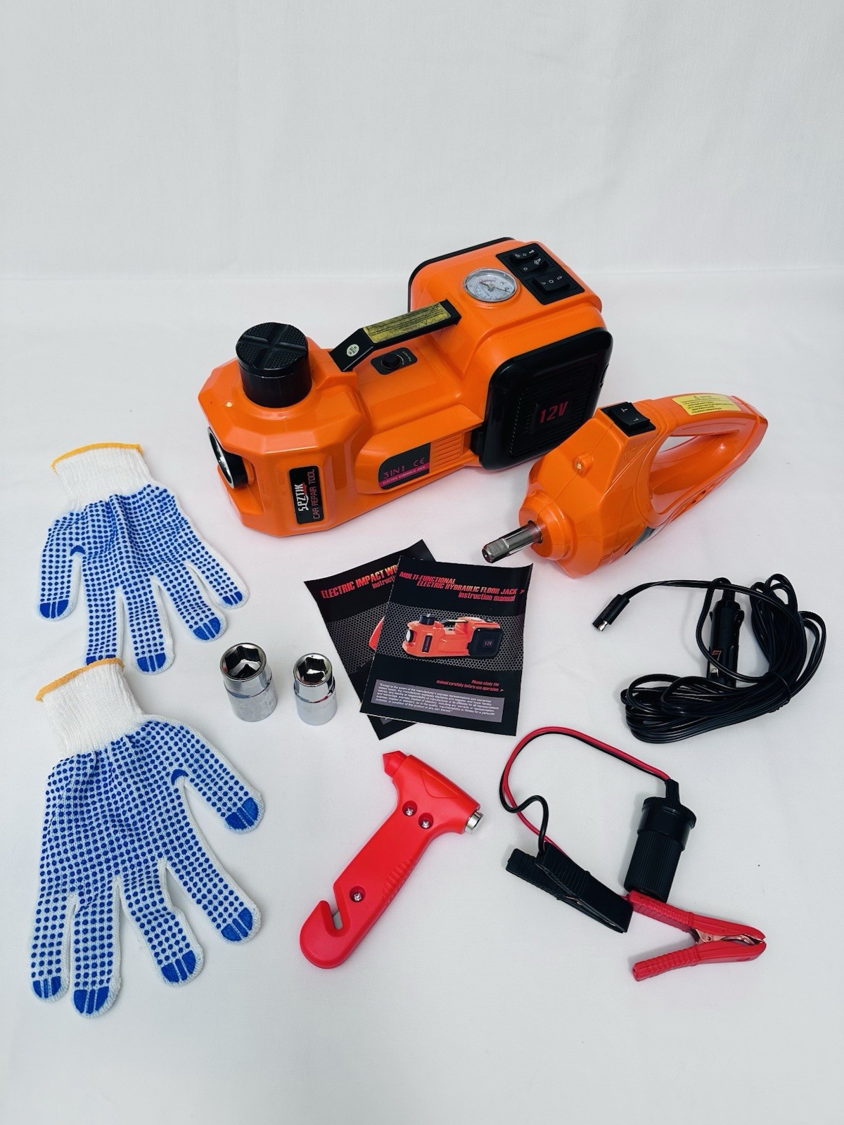 Portable Car Repair Tool Kit – Incl. Jack, Air Pump, Electric Wrench & Light