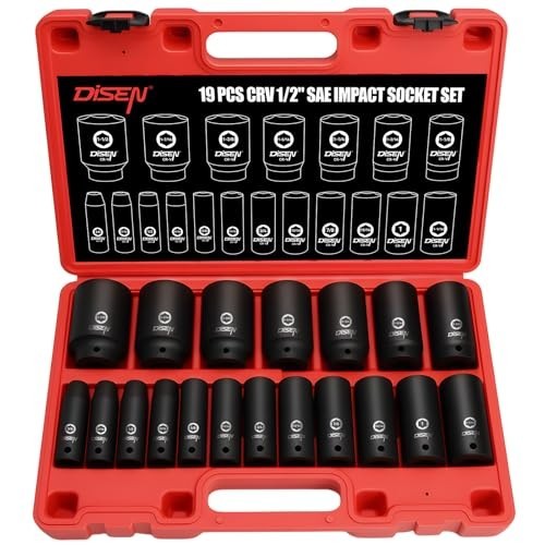 19 Pcs 1/2″ SAE Impact Socket Set – Deep 6-Point Cr-V & Alloy Steel, Durable Cas