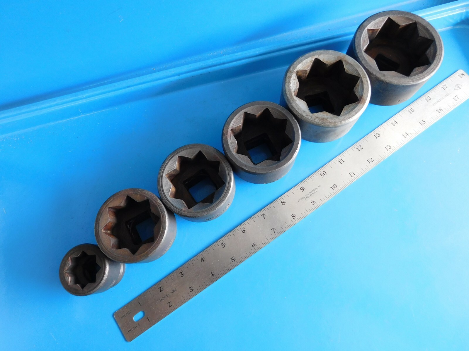 USED, SNAP ON » DOUBLE SQUARE SHORT SOCKETS» 8 PT. LOT OF 6, 3/4 & I INCH DRIVE