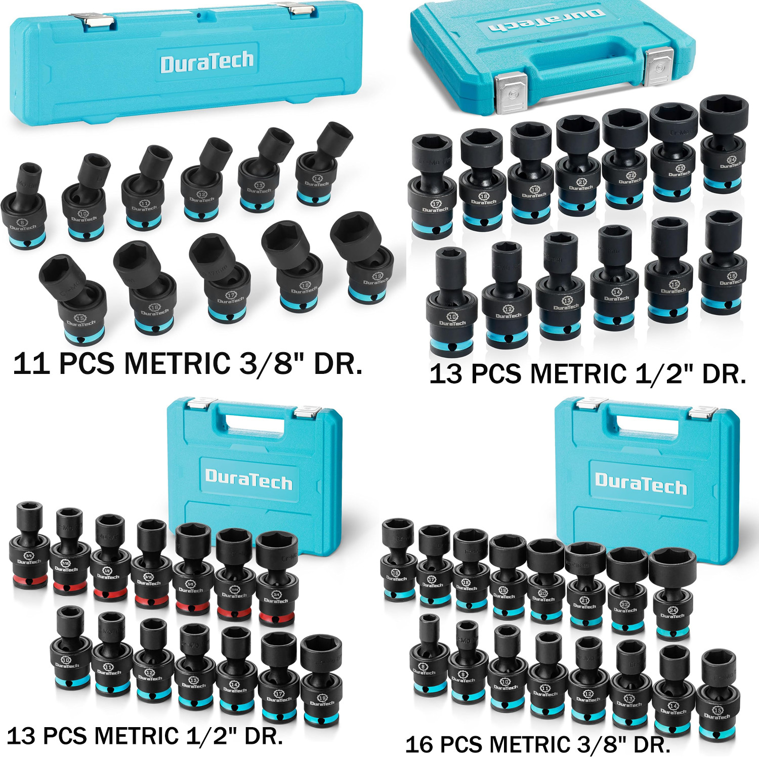 DURATECH 3/8″/1/2″ 11PC/13PC/16PC Impact Swivel Socket Set Shallow Wobble Socket