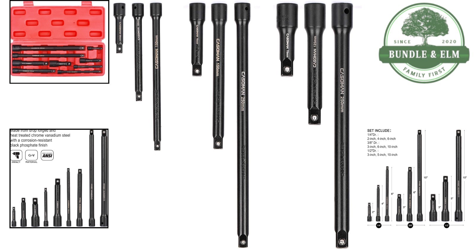 9-Piece Extension Bar Set for 1/4, 3/8 and 1/2 Drive Sockets with Carrying Case