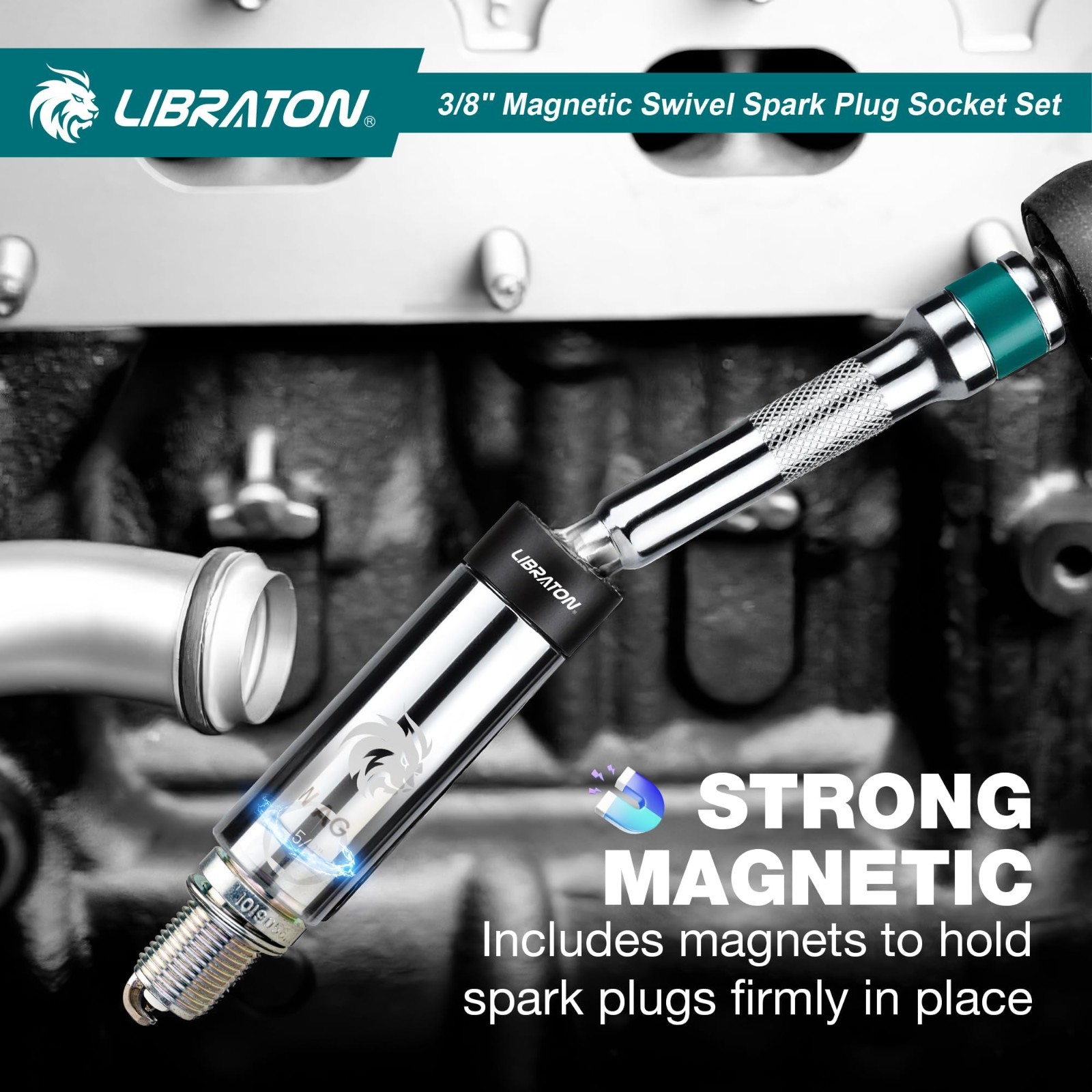 8PCS Magnetic Spark Plug Socket Set 3/8″ Drive – Gapper, Extension Bar, Swivel H