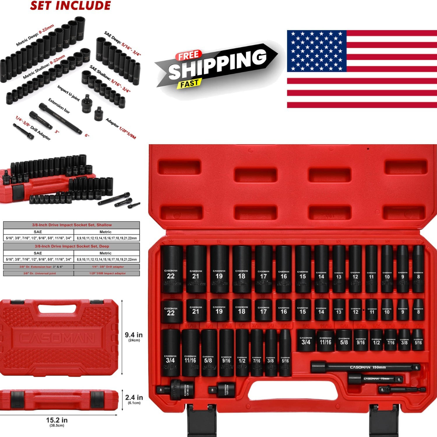 Impact Socket Set 49 Pieces 3/8 Drive Corrosion Resistant Black Phosphate Finish