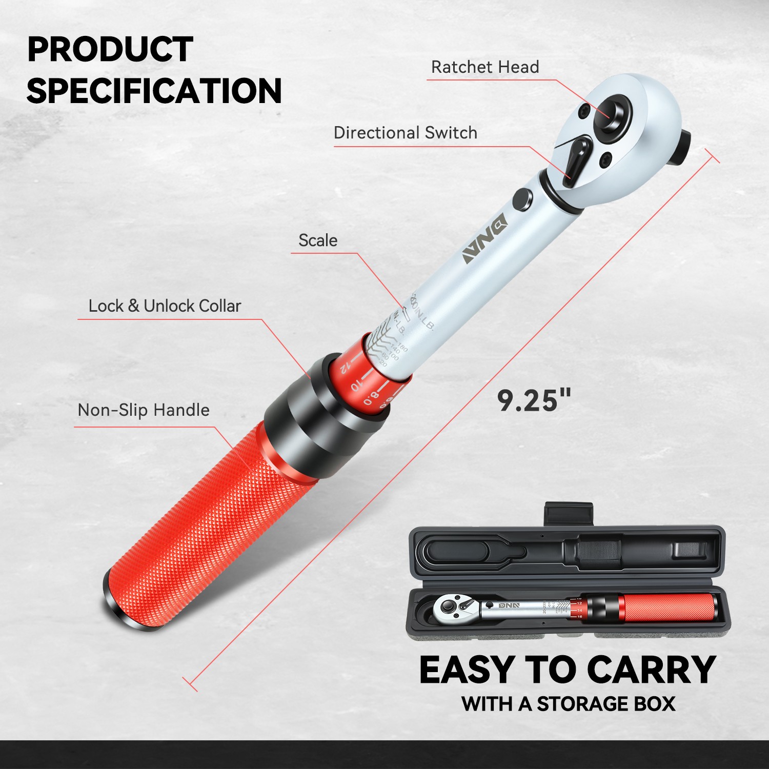 Red 3/8″ 20-200IN.-LB Mechanic Adjustable Click Torque Wrench w/ Storage Box