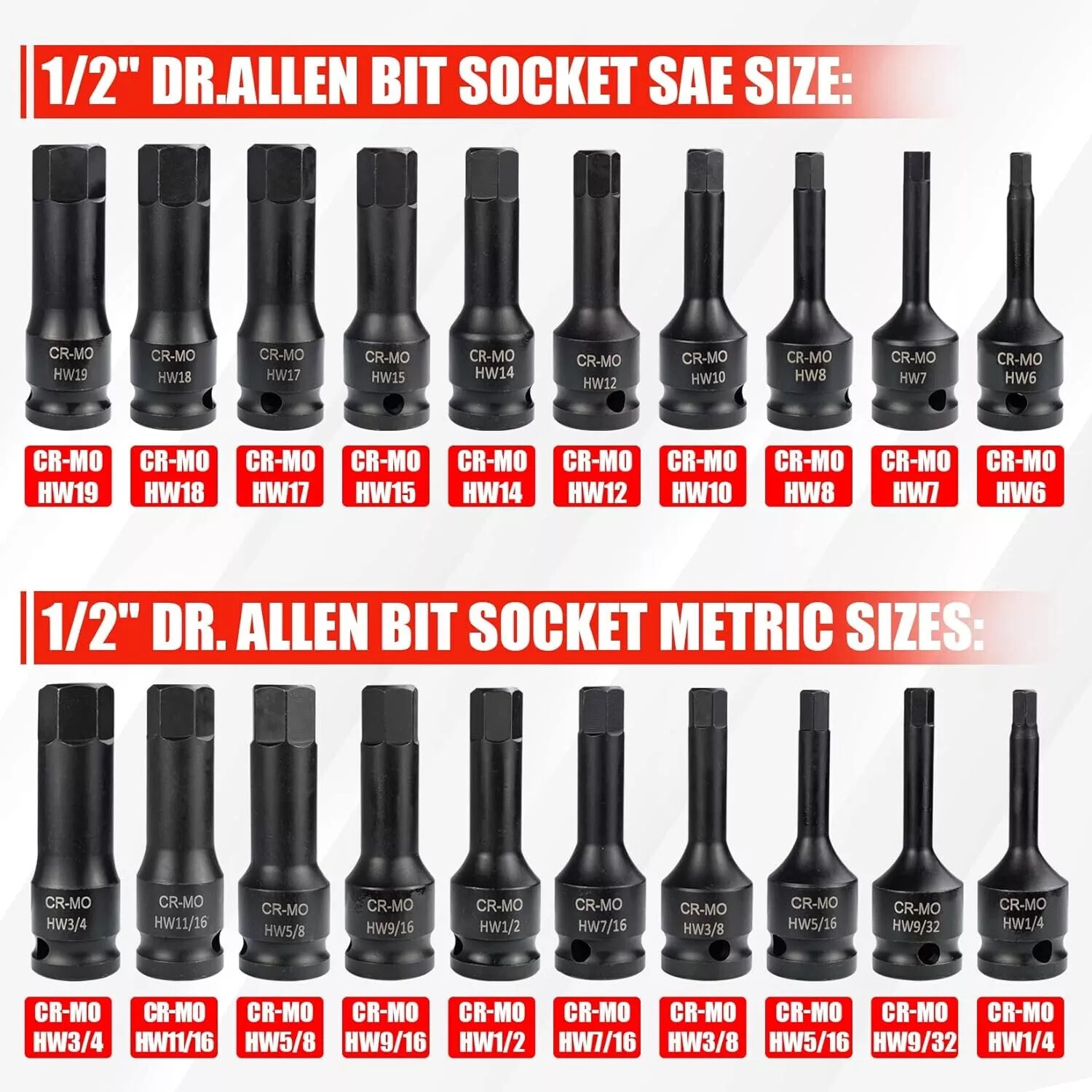 Metric & SAE 1/2″ Drive Master Impact Socket Set Hex Bits Long Air Allen Driver