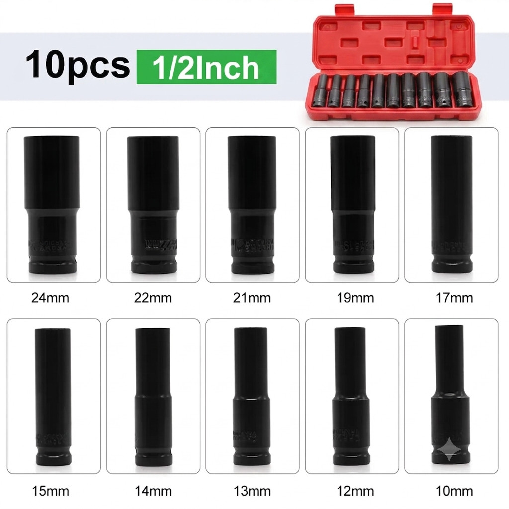 10PCS 1/2″ Deep Impact Socket Set Drive 6 Point Metric Garage Tool 10 – 24mm USA