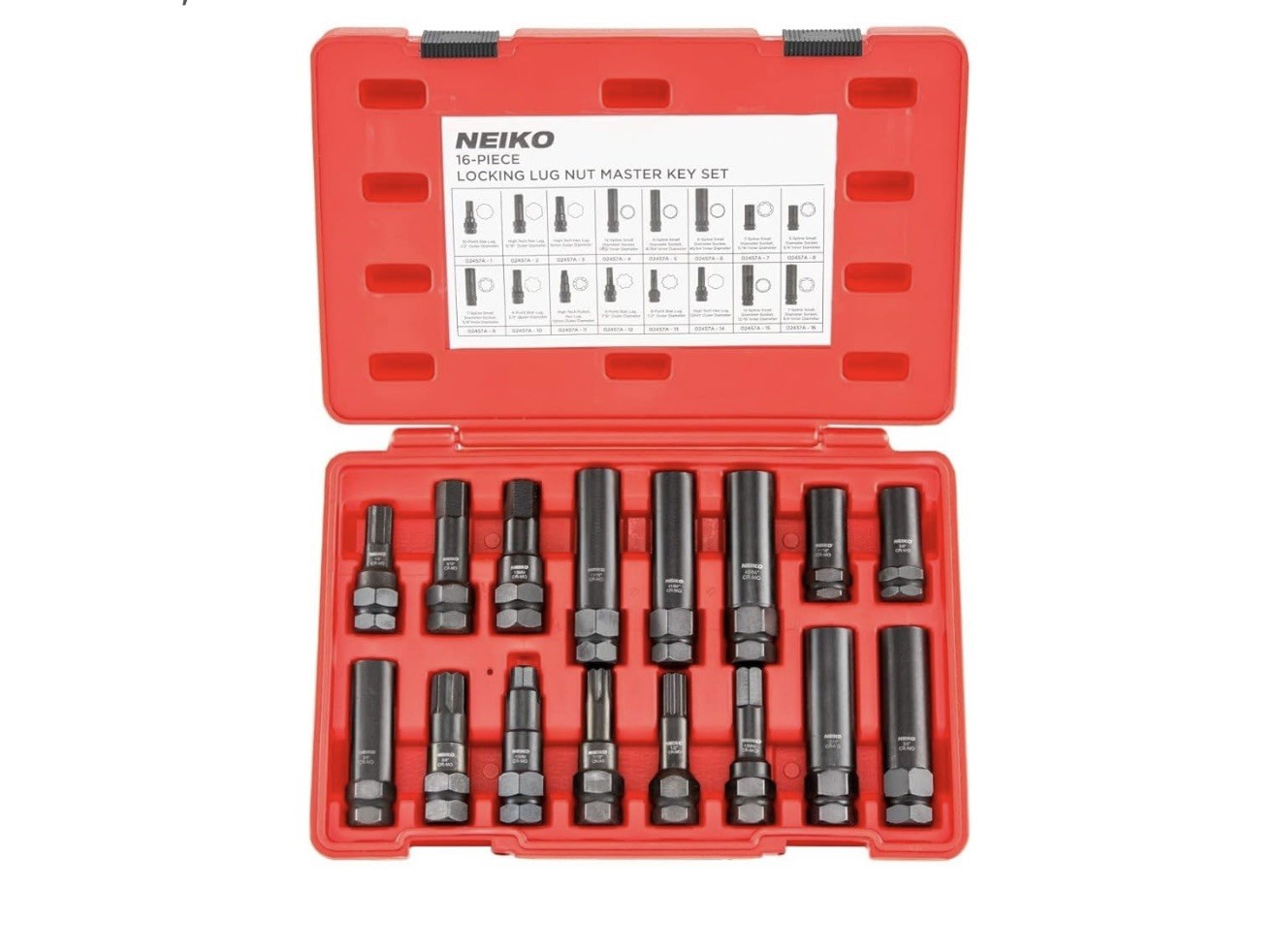 16pcs Locking Lug Nut Socket Master Key Set Wheel Hex Star Spline Fluted NEIKO