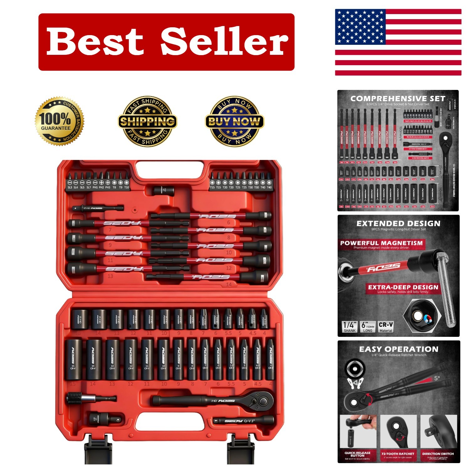 63-Piece Impact Socket Set with Universal Joint & Quick-Release Ratchet