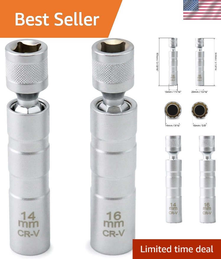 14mm & 16mm Magnetic Swivel Spark Plug Socket 360° Flexibility Tool