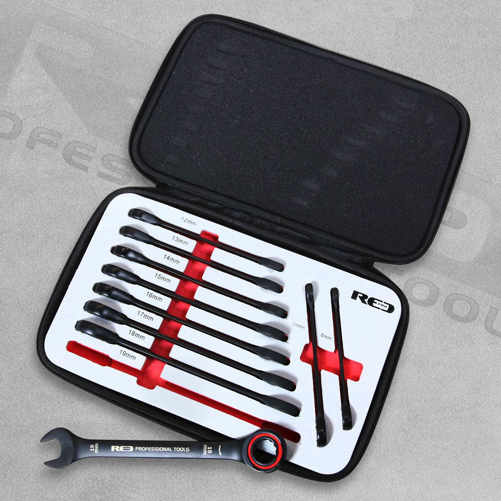 Red Pro 10 Piece Silent Gearless Ratchet Spanner Set In Soft Case 8-19mm