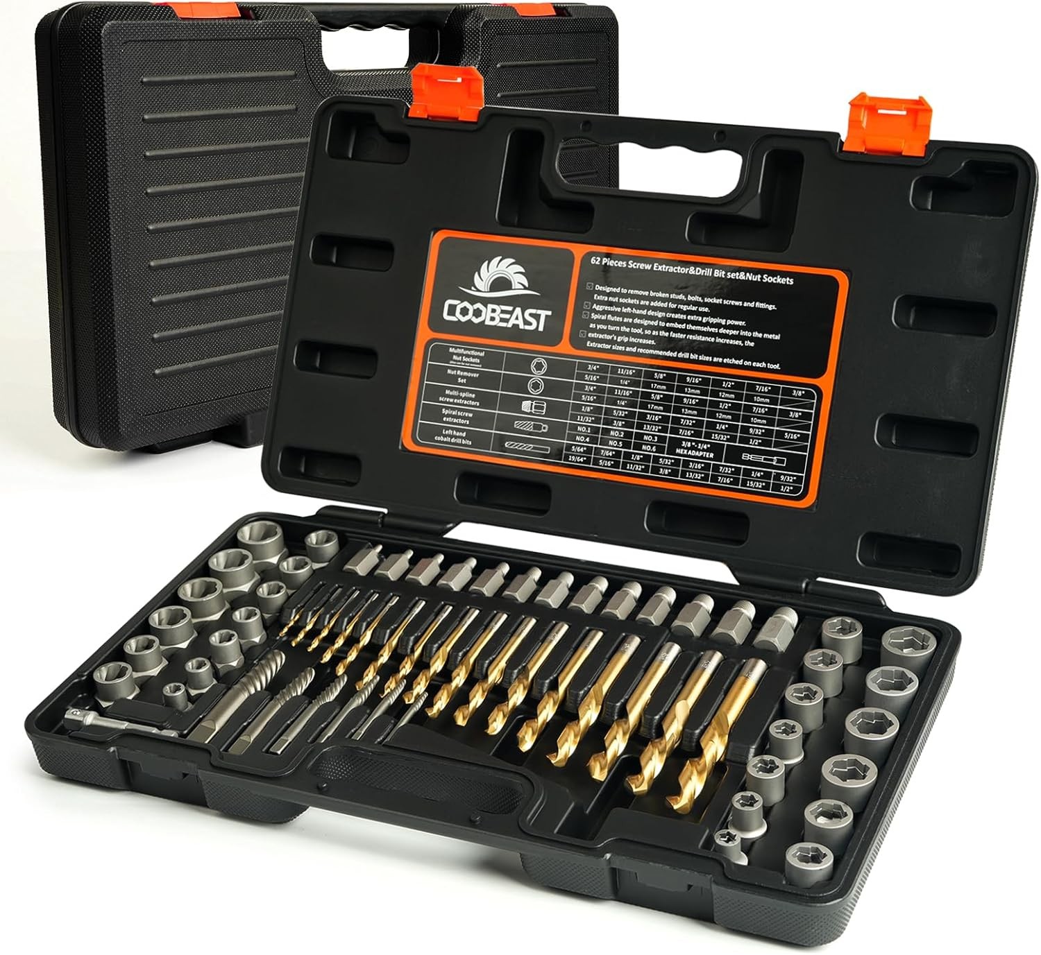 62Pcs Screw Extractor Set with Left Hand Drill Bit, Bolt 62PCS, Black