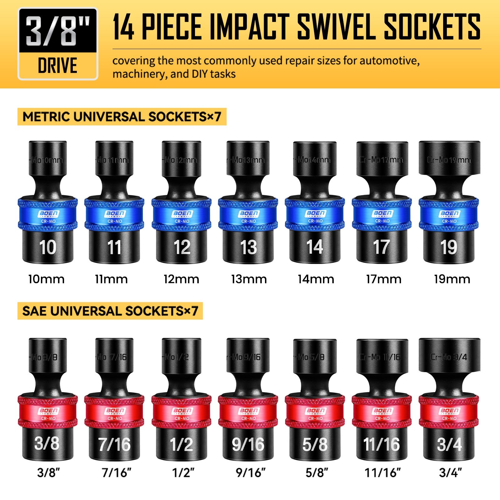 14 PCS 3/8″ Drive Impact Swivel Socket set, Metric (10-19mm) & SAE (3/8″- 3/4″)