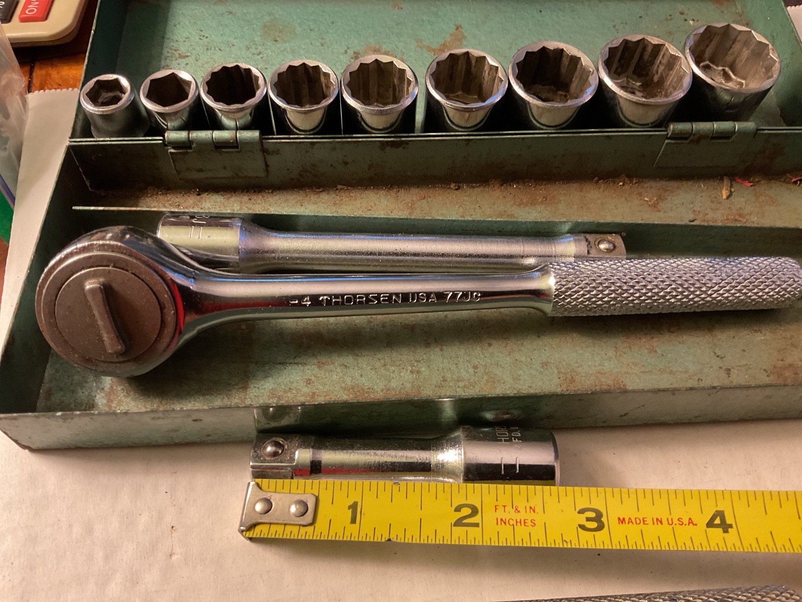 VINTAGE THORSEN USA 13 PIECE 3/8 DRIVE SOCKET SET IN METAL BOX