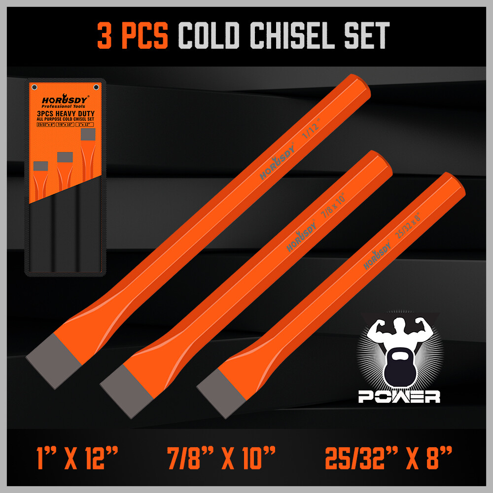 3 PC Cold Chisels Set – Long 8″ 10″ 12″ with Roll Pouch 1″ 7/8″ 25/32″ Hex Shaft