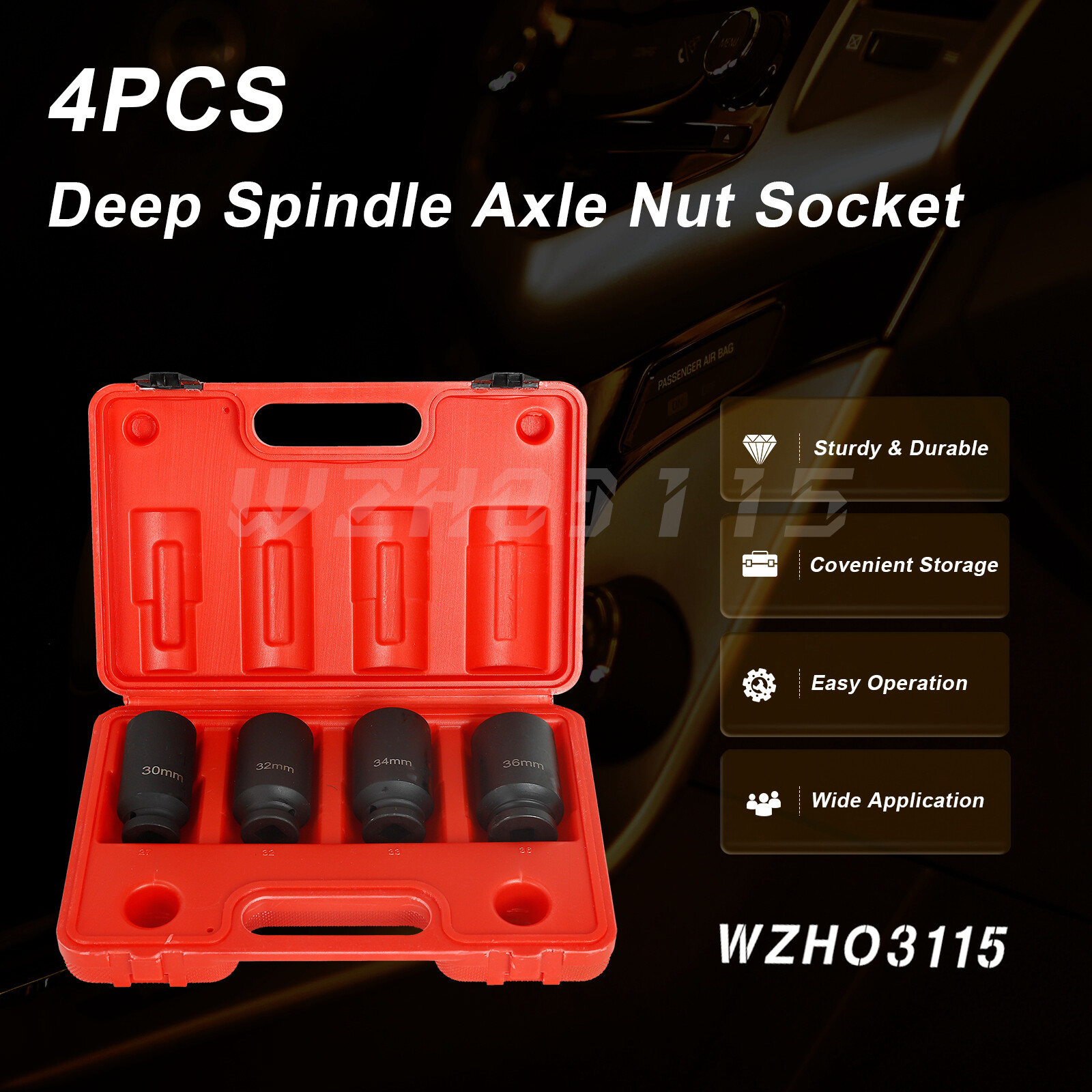 4pc 1/2″ Dr Deep Spindle Axle Nut Socket Set 12 Point METRIC 30mm 32mm 34mm 36mm