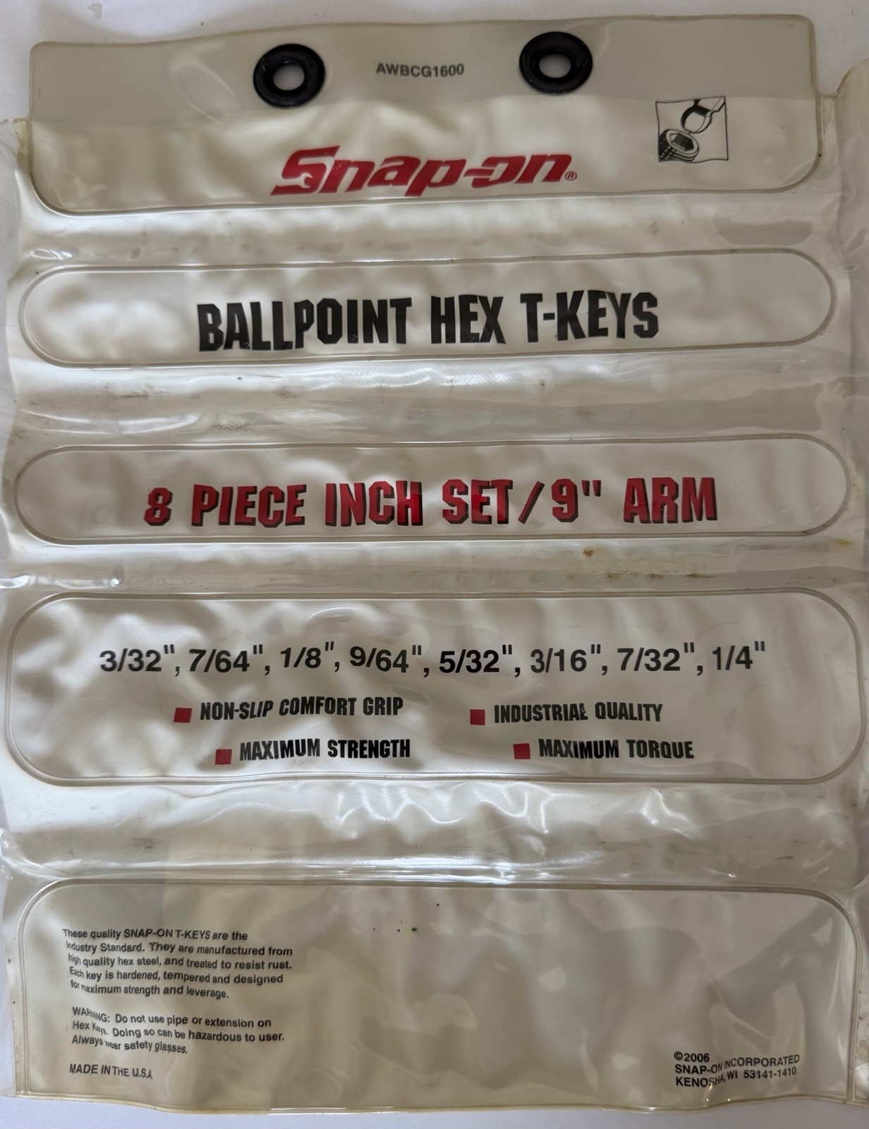 Snap-on Tools USA NEW 8pc SAE Soft Grip T-Handle Ball Hex Wrench Set AWBCG1600