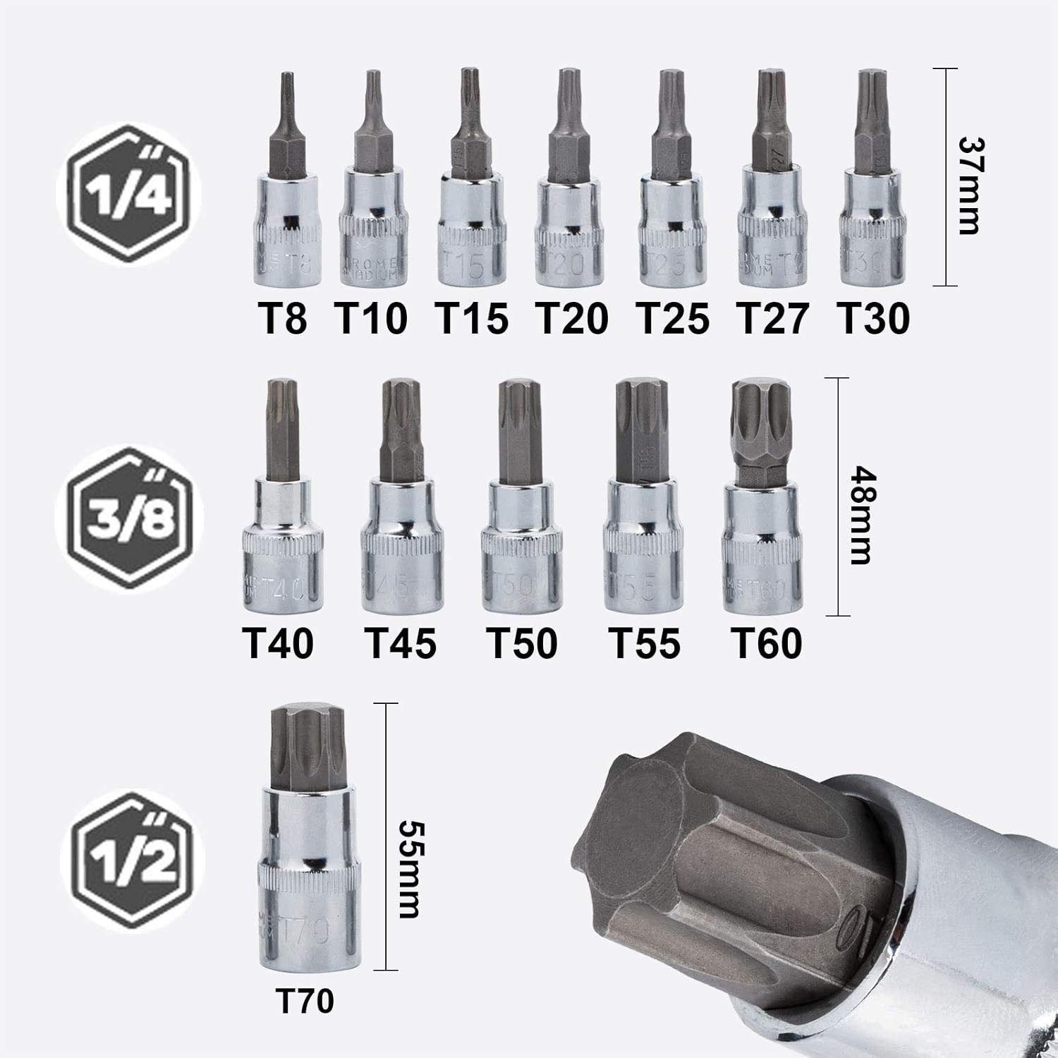 Torx Bit Socket Set 13pcs 3/8″ Dr. T8 – T70 E Star Premium S2 Alloy One Size
