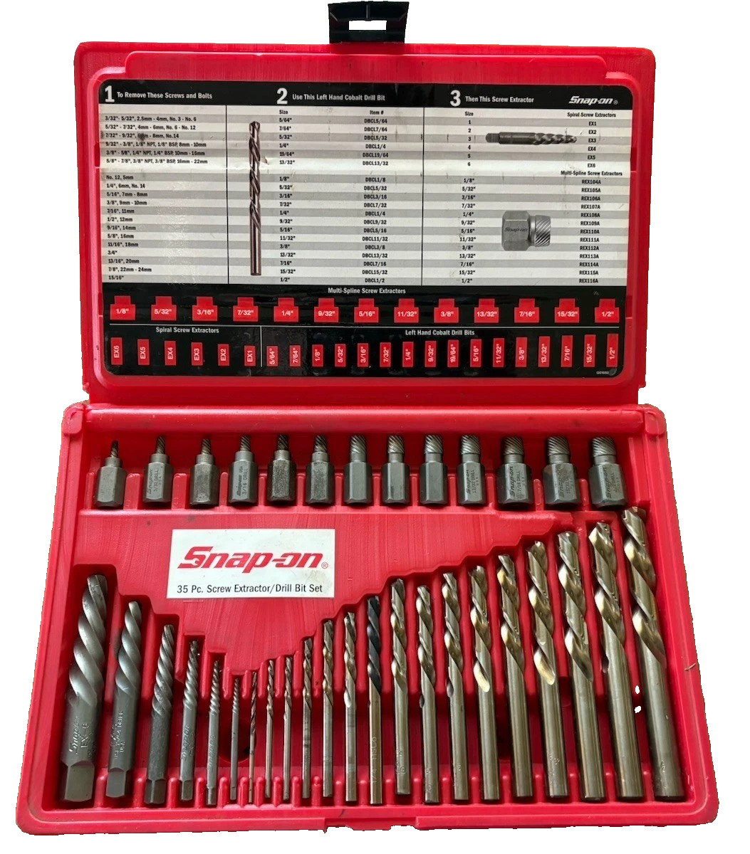 Snap-on™ EXD35A Multi-Spline Spiral Flute Extractor SET Left Hand Drill Bits Use