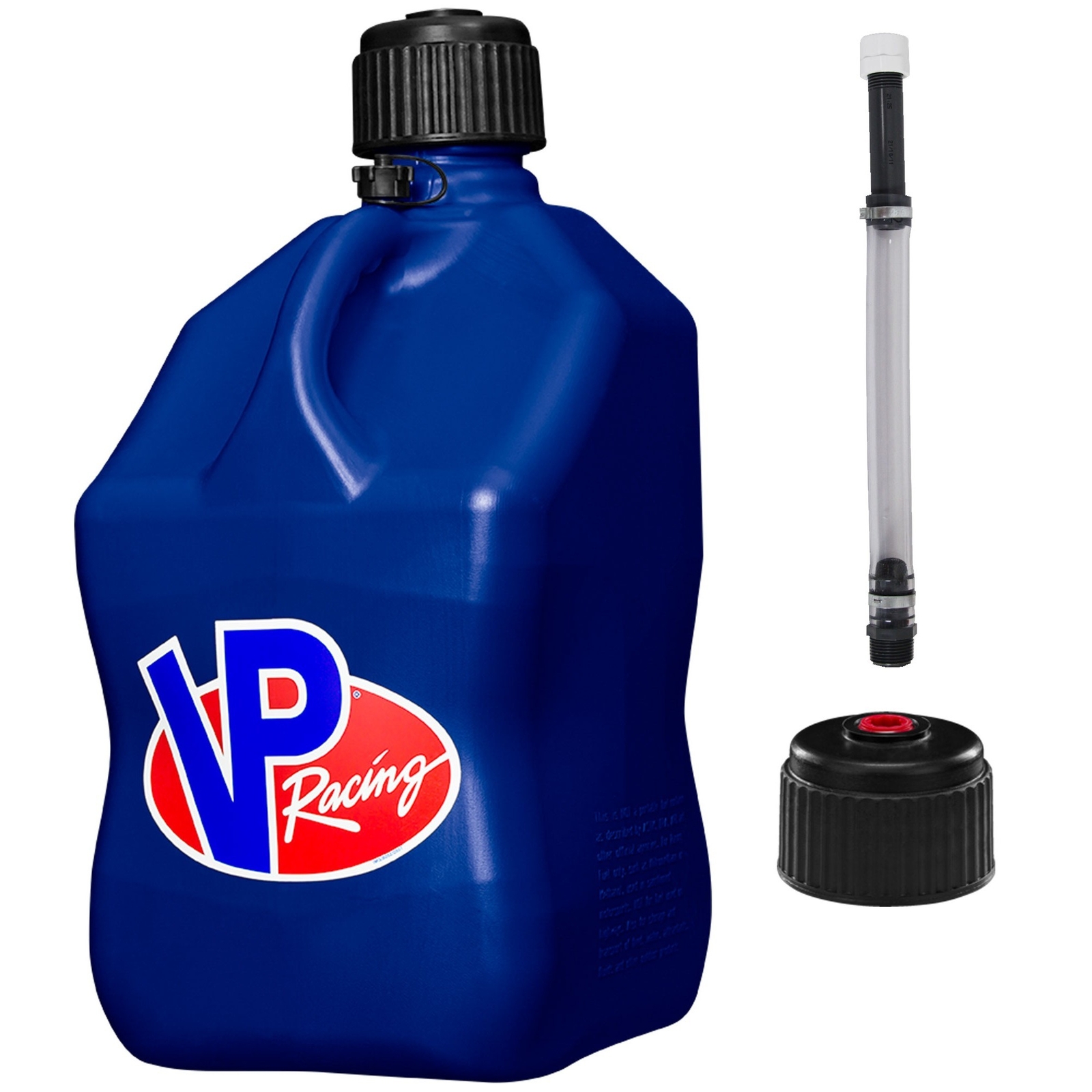 VP Racing Square Fuel Jug 5 Gallon Blue – With Spare Cap and Filler Hose