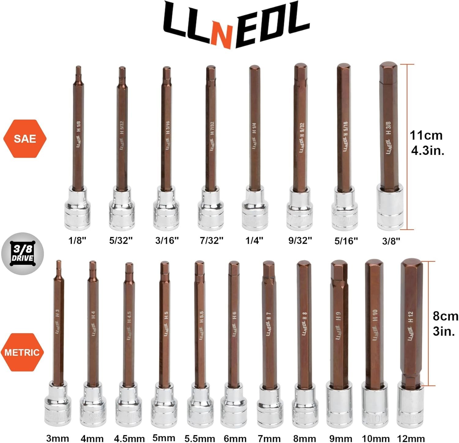 Extra Long 3/8 Inch Drive Hex Bit Socket Set – 19 SAE & Metric Sizes Included
