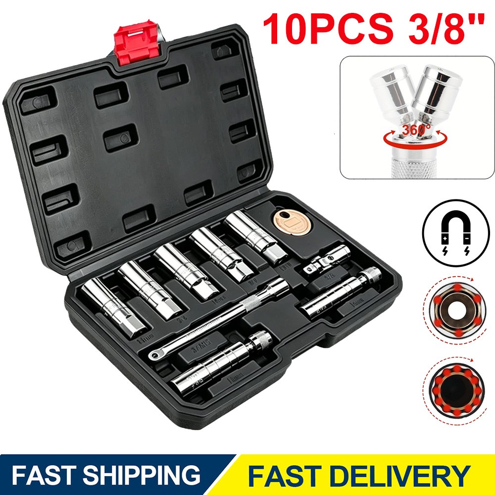 10PCS 3/8″Drive Magnetic Spark Plug Socket Set 6PT&12PT Extension Bar CR-V Steel