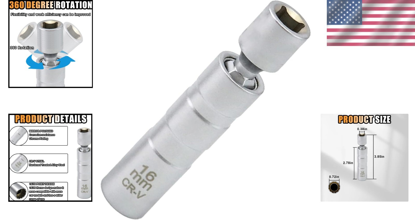 5/8 Magnetic Swivel Spark Plug Socket 16mm-Short for Effortless Removal