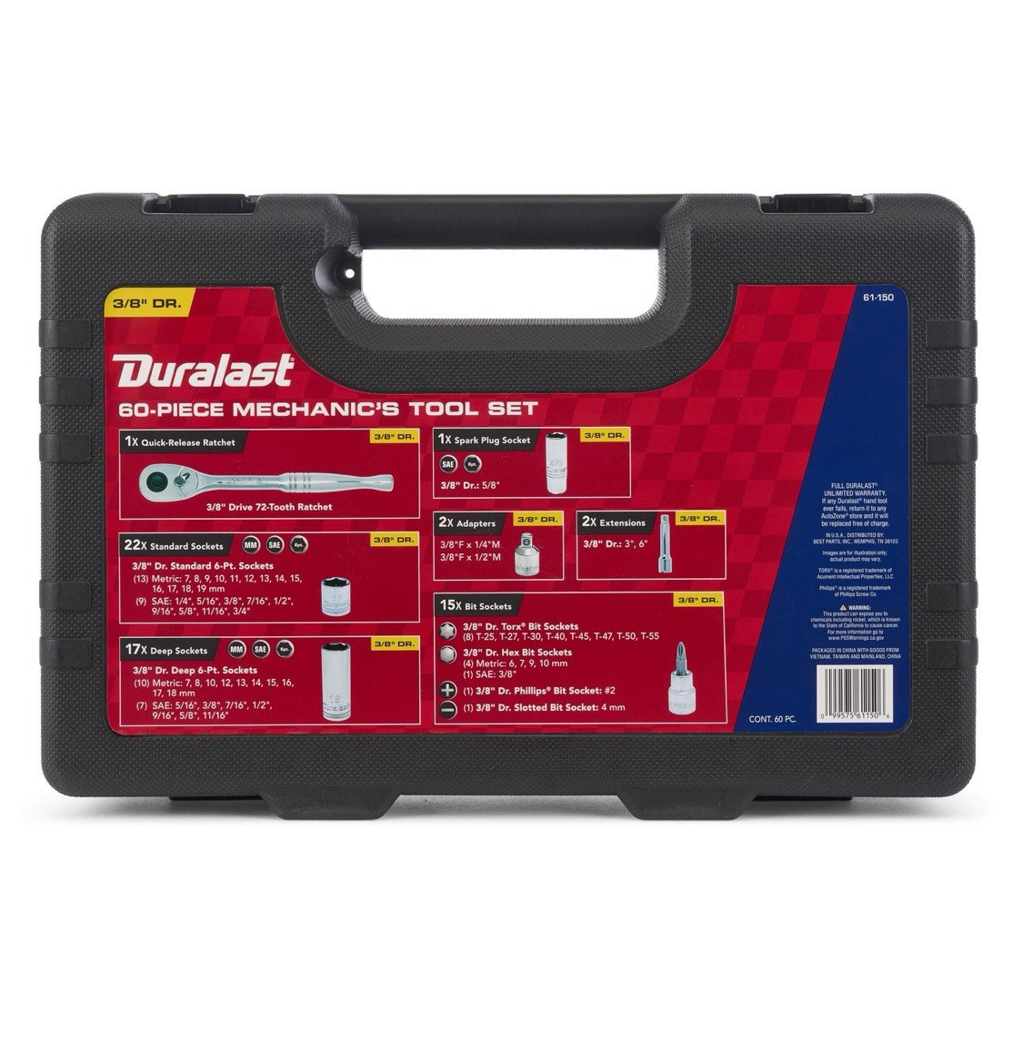 Duralast 3/8in Drive Ratchet/Socket SAE/Metric Tool Set 60 Piece