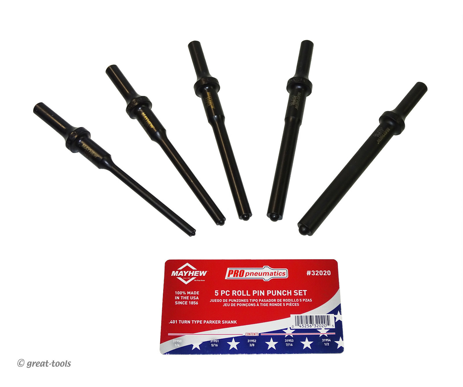ROLL PIN PUNCH SET FOR AIR HAMMER USE – pneumatic punches – USA made tools
