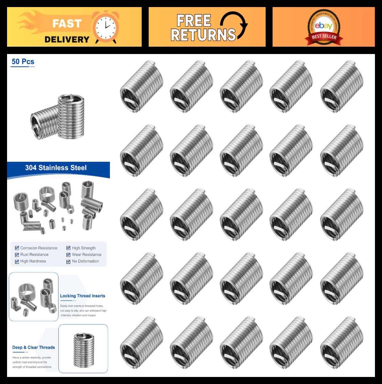 50pcs 7/16-14 UNC Stainless Steel Thread Inserts Coiled Repair Kit for Equipment