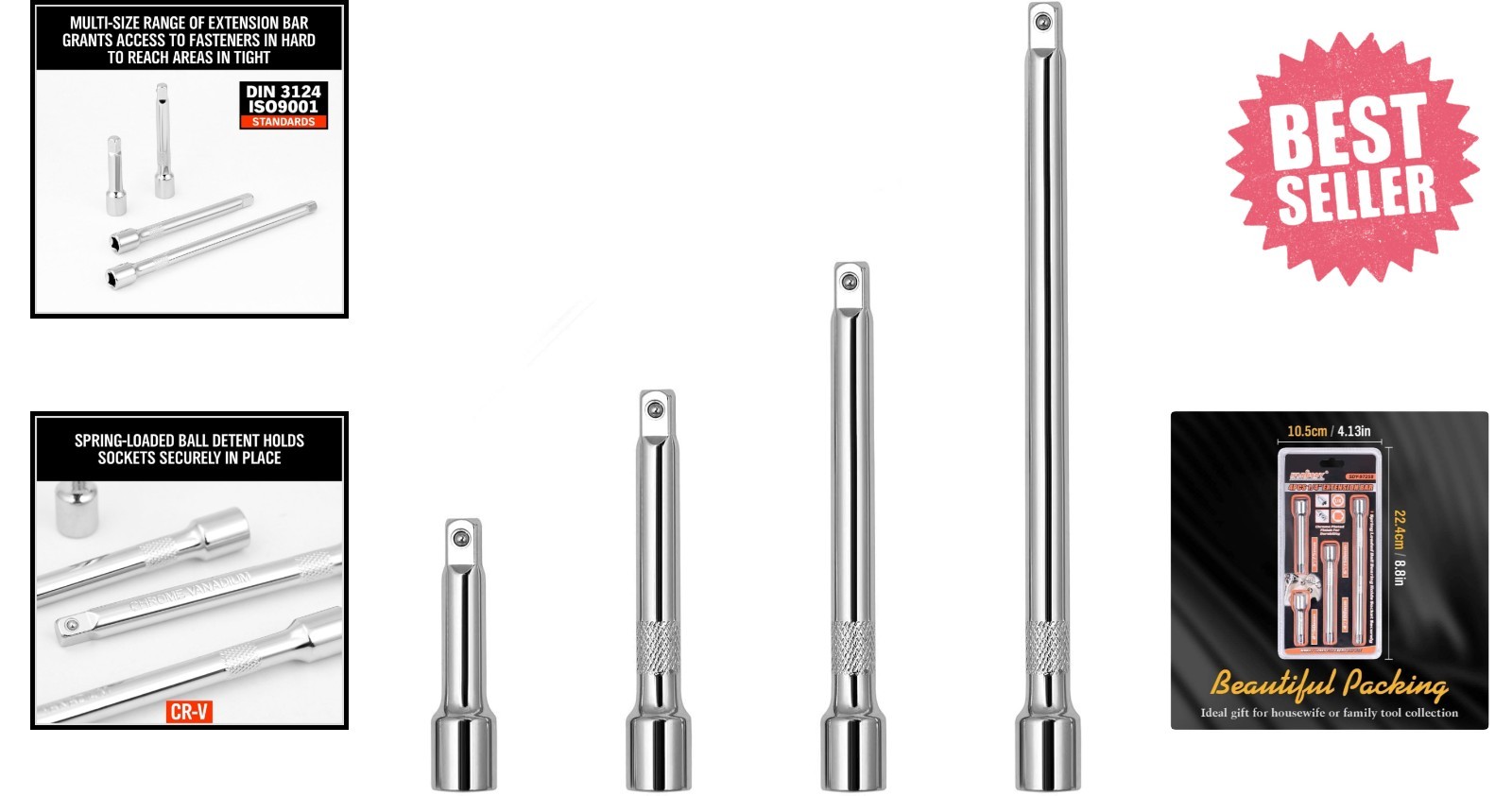 4-Piece 1/4″ Socket Extension Set – Durable Chrome Vanadium for Precision
