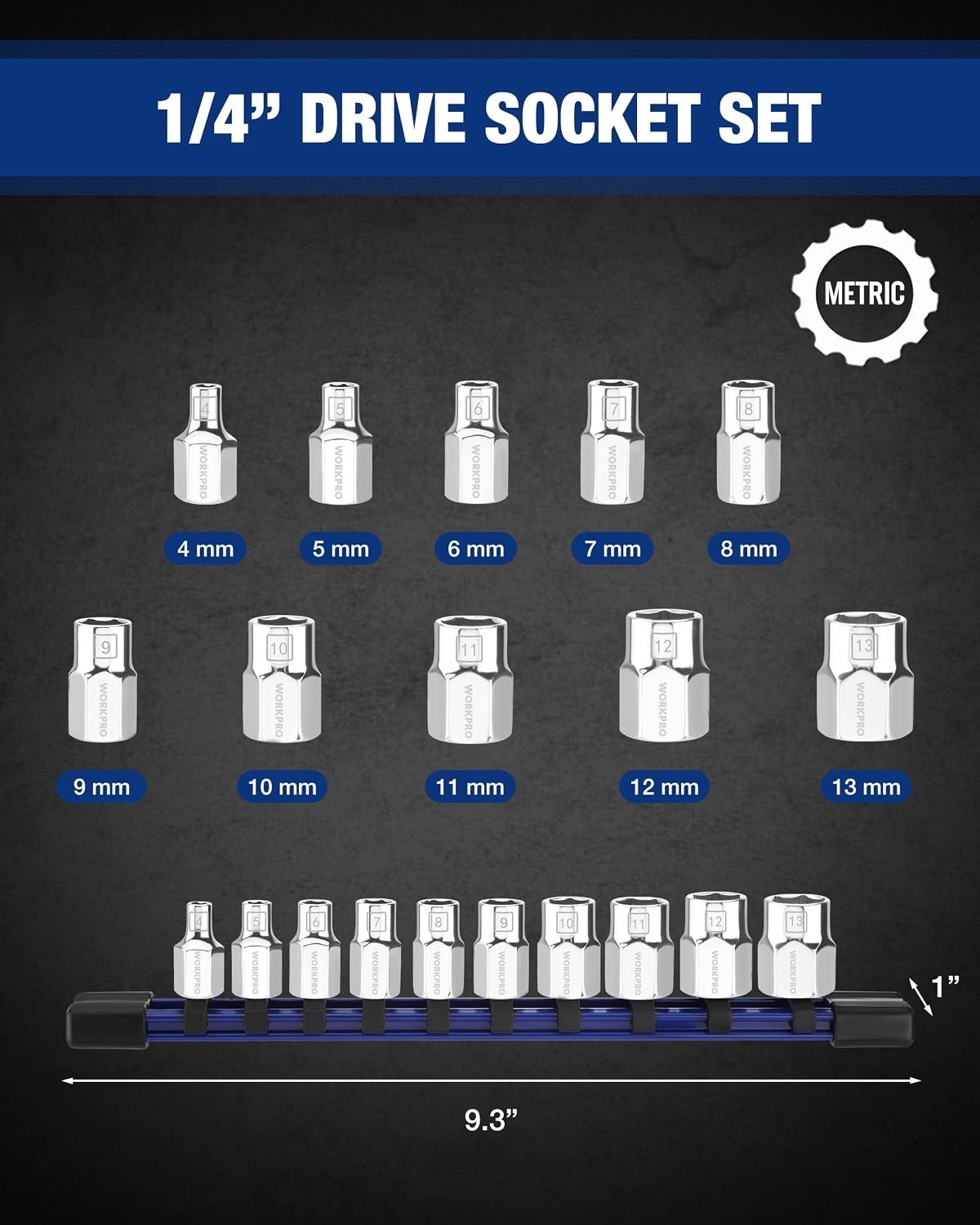 1/4″ Drive Socket Set, 10-Piece Metric CR-V Socket Set with Rail | Standard &…