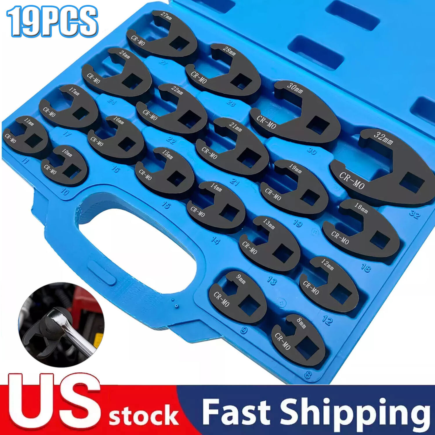 19PCS Flare Nut Crowfoot Wrench Set Metric Crows Foot Wrench Kit 3/8″ 1/2″ Drive
