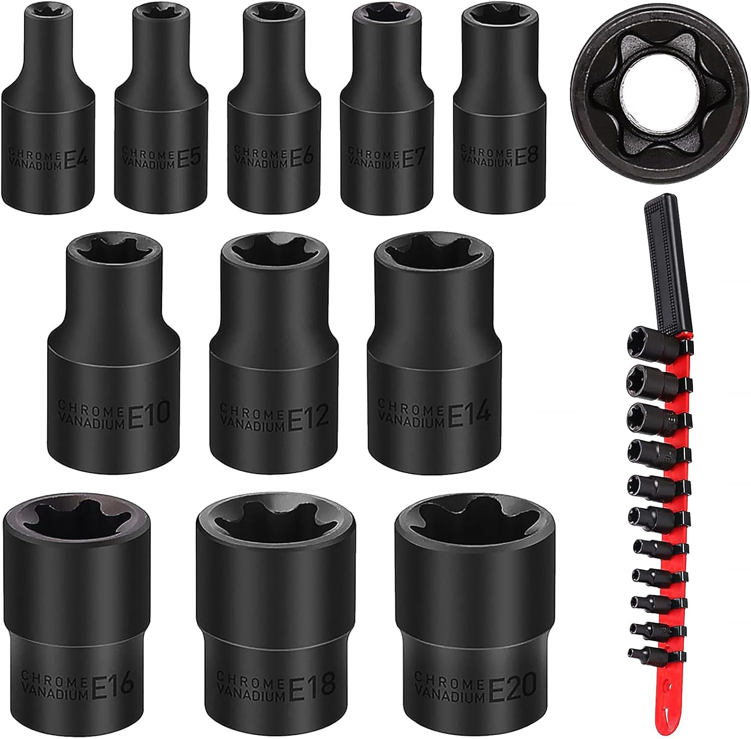 SEDY 11-Piece E-Torx Socket Set E4 E5 E6 E7 E8 E10 E12 E14 E16 E18 E20, Black