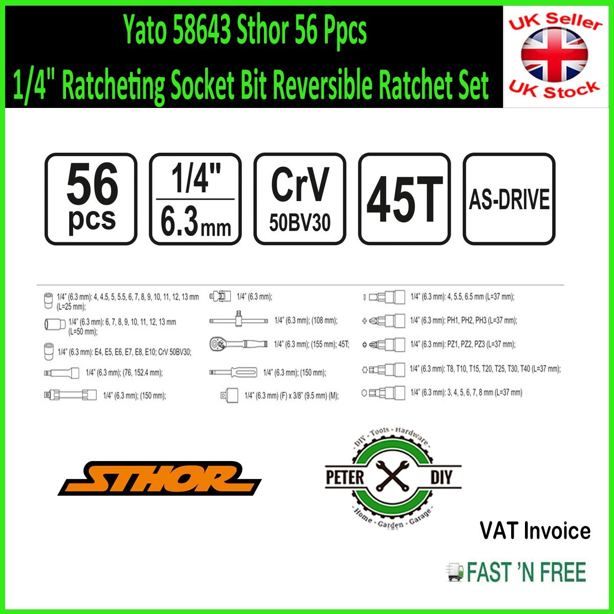 Yato 58643 Sthor 56 Ppcs 1/4″ Ratcheting Socket Bit Reversible Ratchet Set