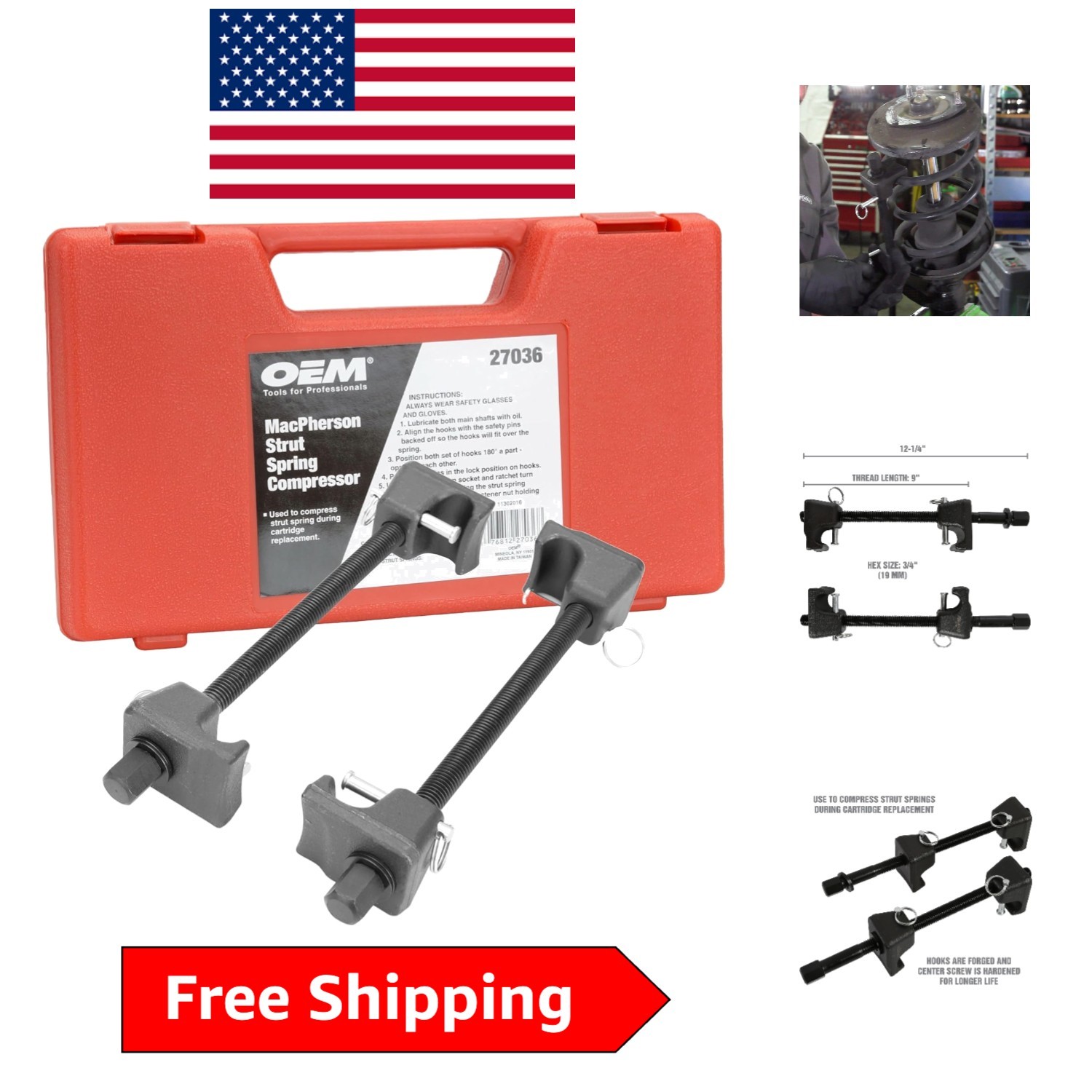 Heavy Duty Spring Compressor Tool Set – 10.75 Inch with Safety Latches and Case