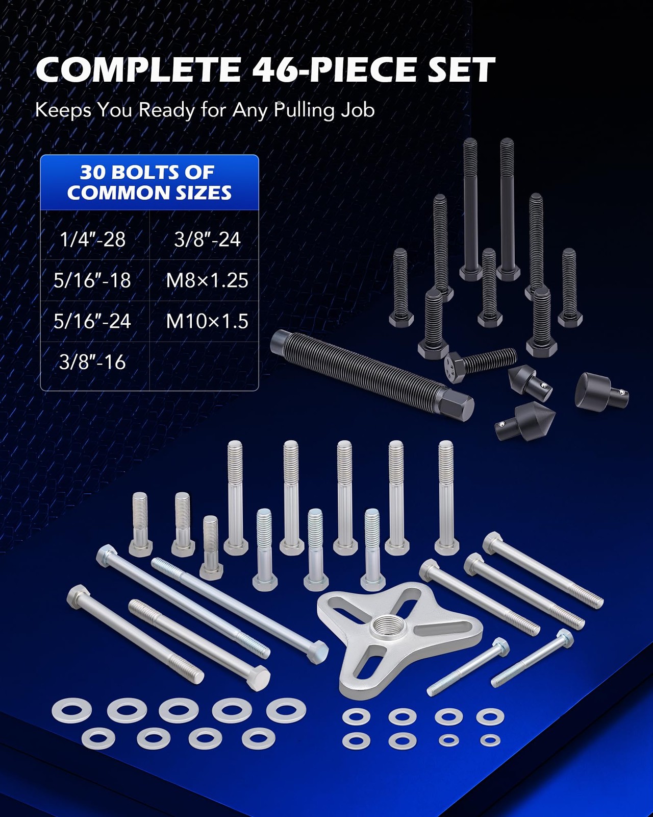 Orion Motor Tech Harmonic Balancer Puller Kit, SAE and metric sizes, blue
