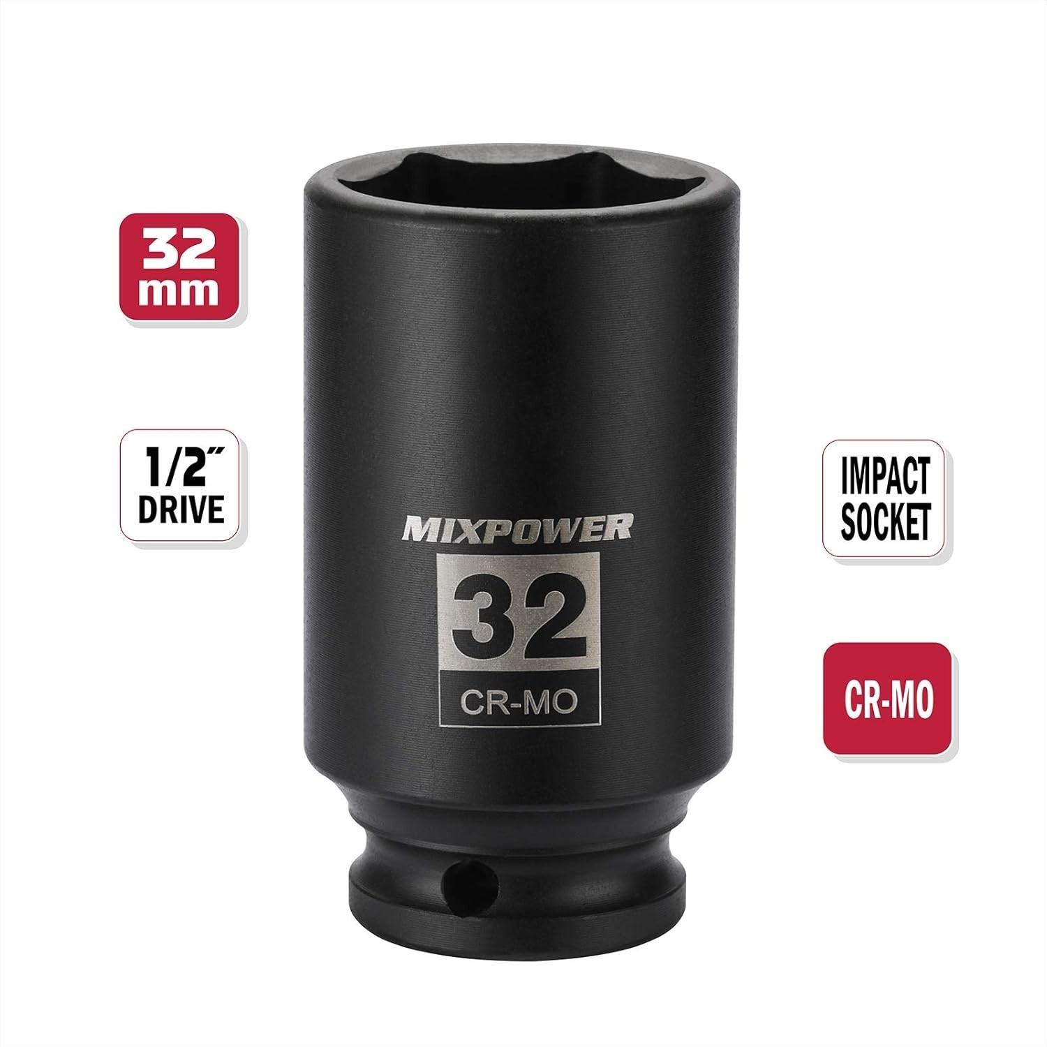 32mm Chrome Molybdenum Steel Deep Socket – 1/2″ Drive 6-Point for Impact Drivers
