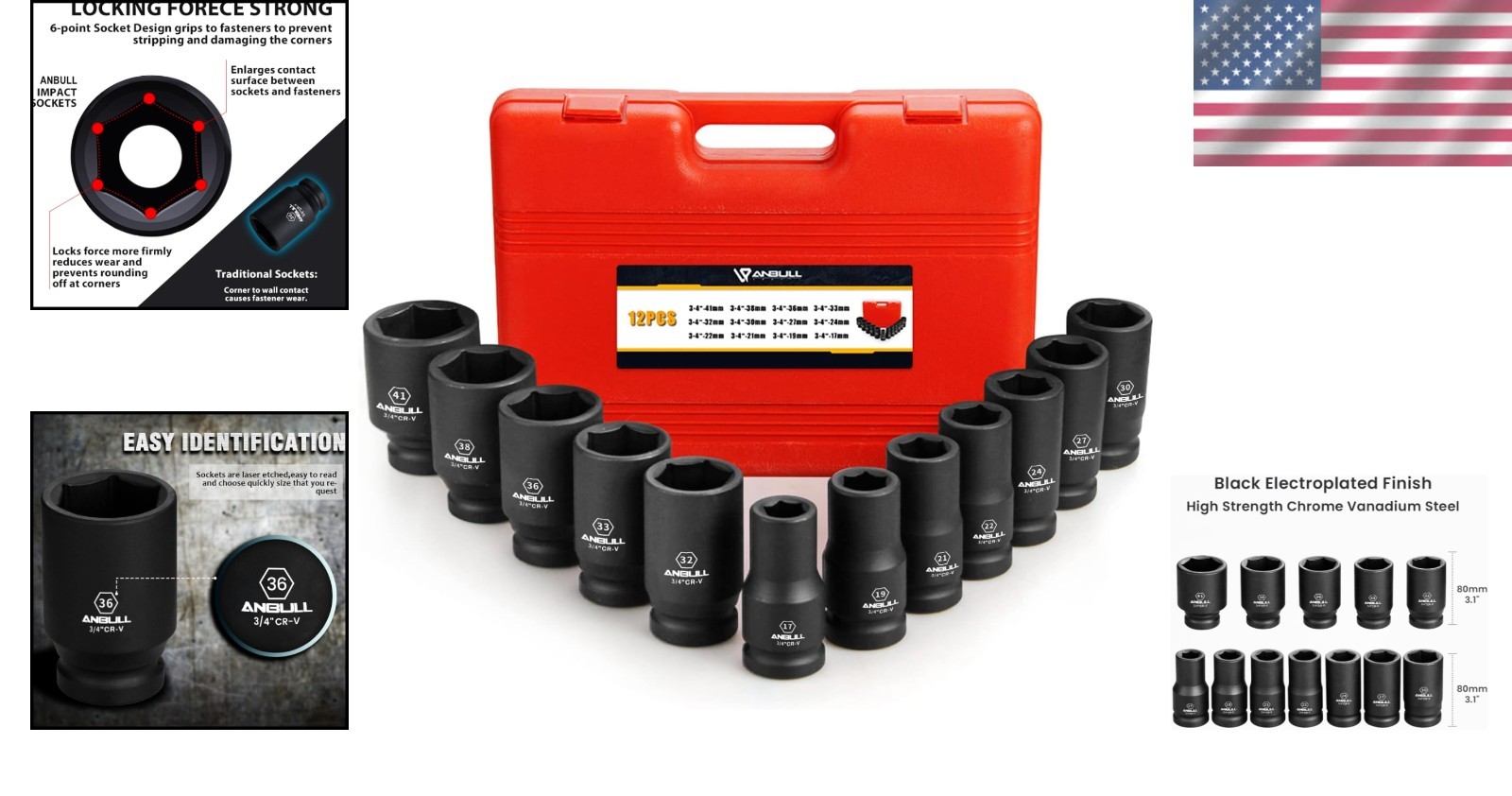 Corrosion-Resistant 3/4 Inch Drive Deep Impact Socket Set – 12 Sizes Included
