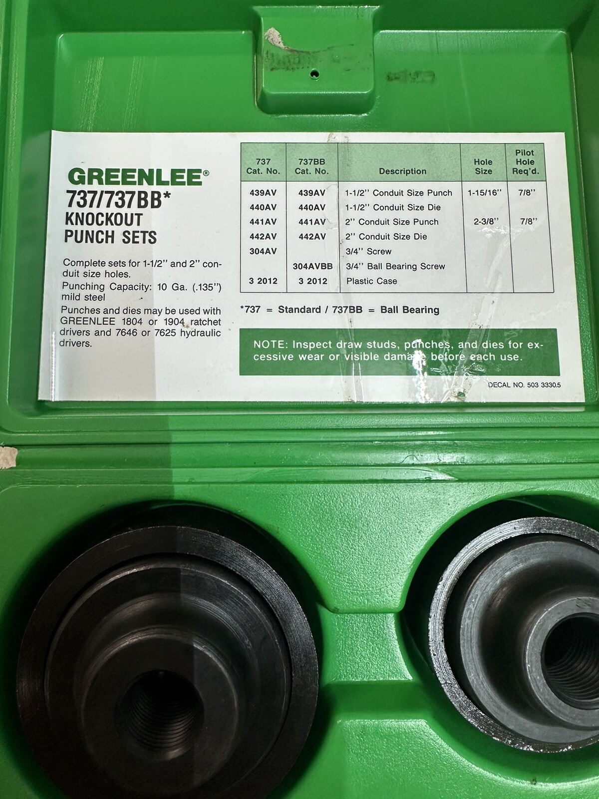 Greenlee Ball Bearing Knockout Punch Set – no. 737/737BB – EUC w/ orignal papers