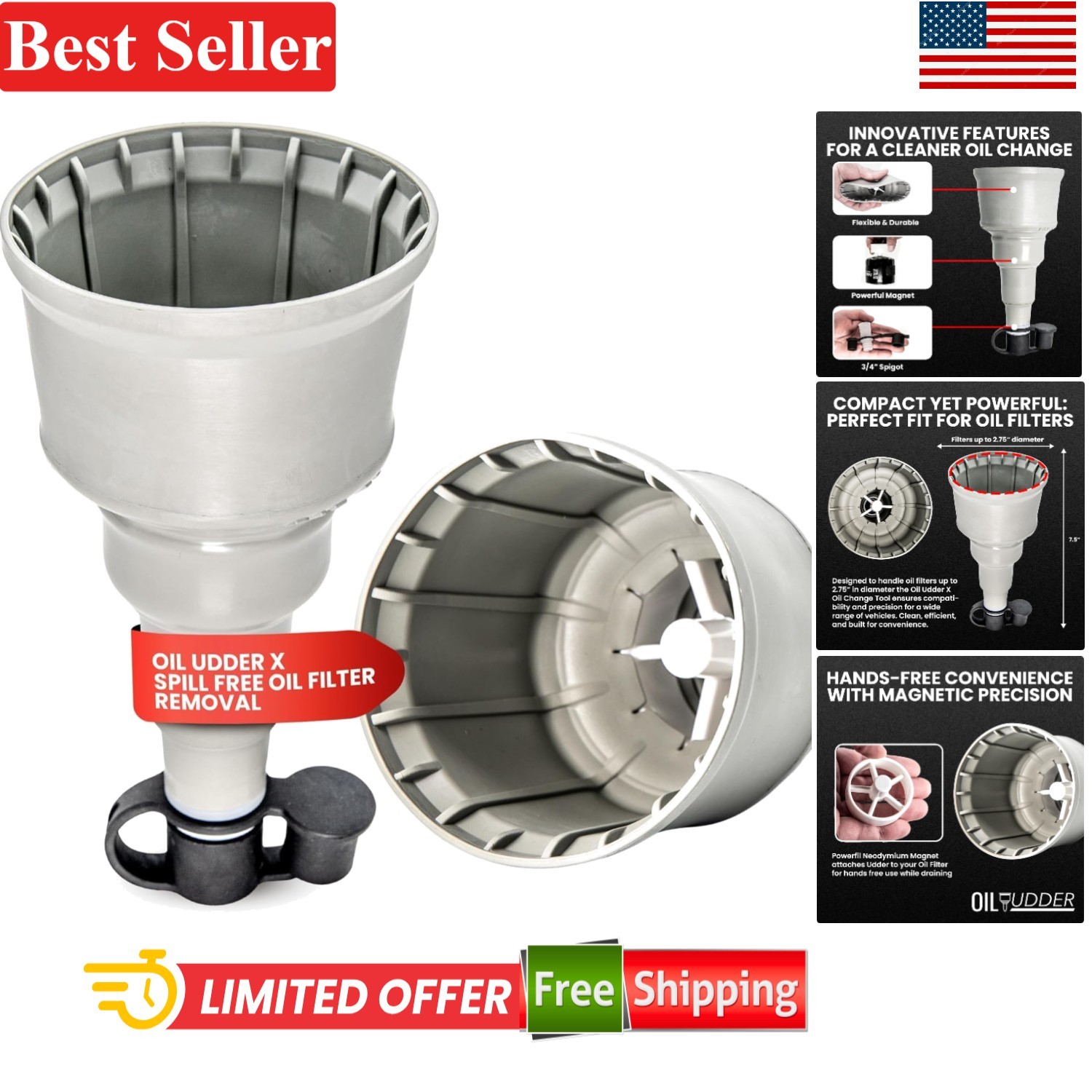 Oil Change Funnel & Magnet Tool Fits Up To 2.75 Inch Oil Filters