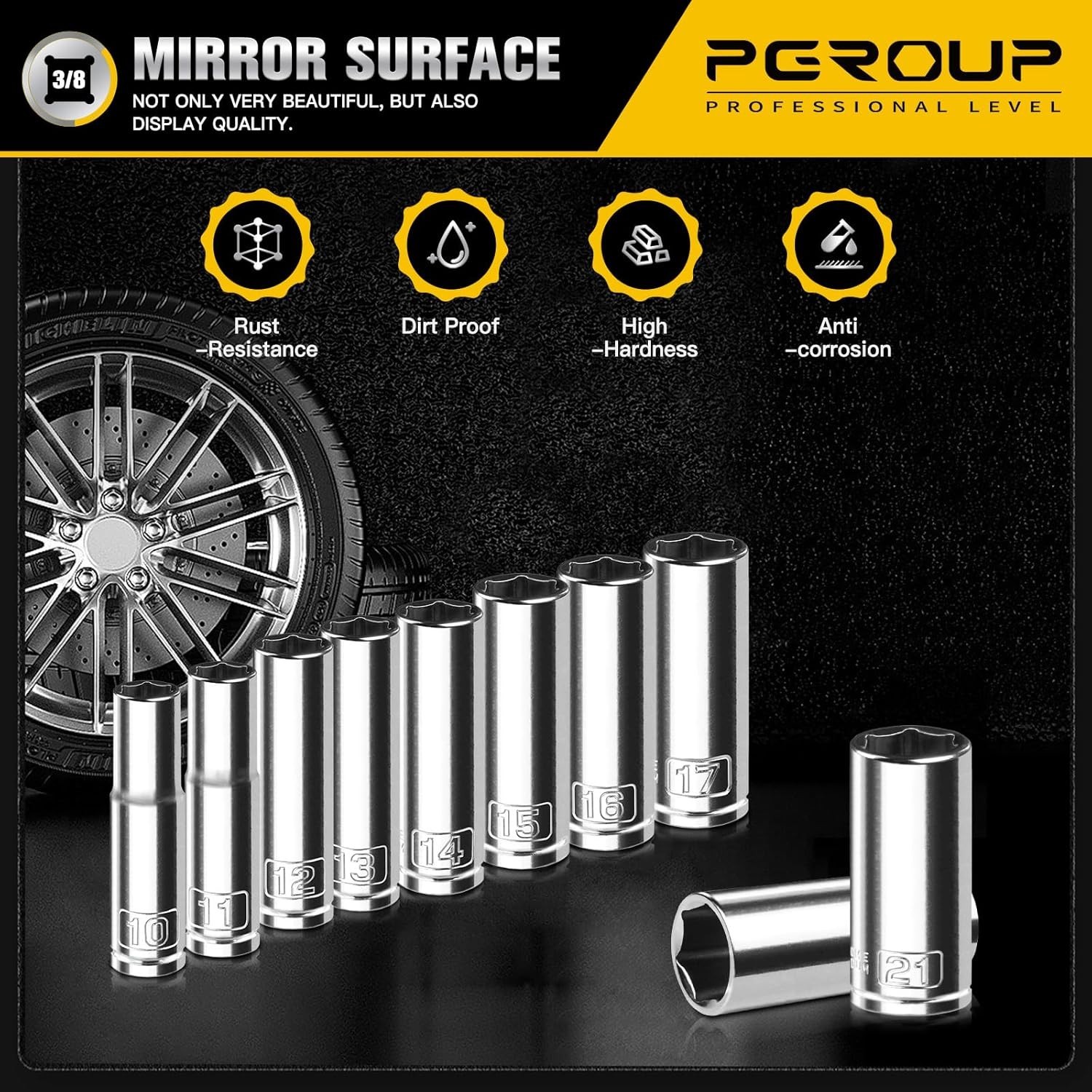10-Piece 3/8” Drive Deep Socket Set 10-21mm Chrome Vanadium Steel Impact Comp…
